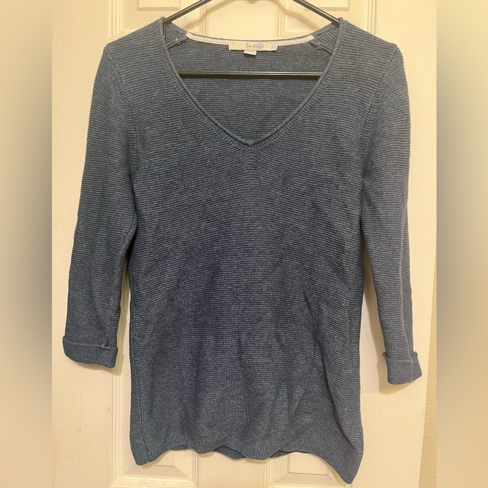 Boden V-neck Textured Blue Sweater 3/4 length sleeves Size 2 EUC 100% Cotton
